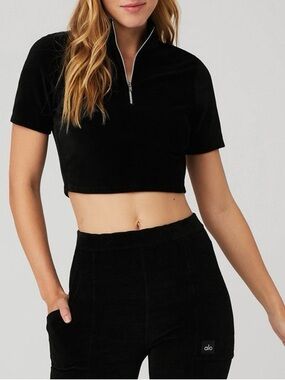 ALO Yoga Black Micro Corduroy Mock Neck - Quarter-Zip Crop Top - size large